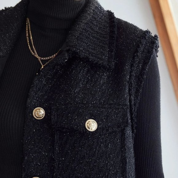 BLACK TRENDY WOMENS WOOL-MIX TWEED GLITTER OVERCOAT - Picture 2 of 5